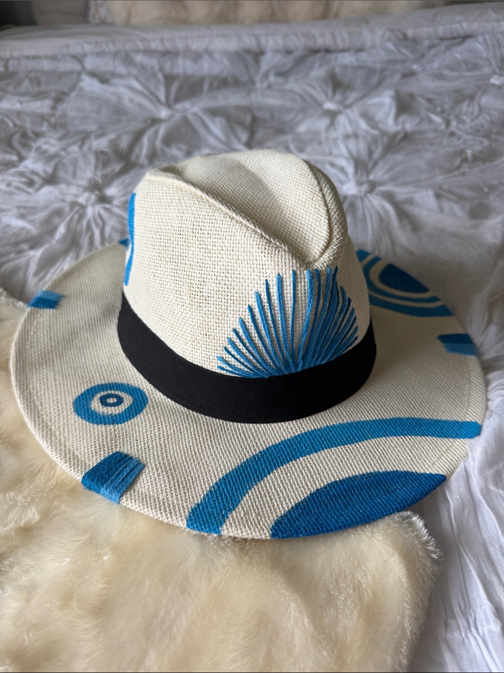 White Straw Fedora with Blue Graphic Accents